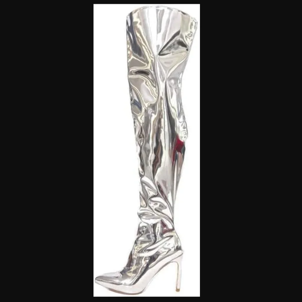 NIB (6.5) THIGH HIGH SLEEK & SILVER SEXY-ASS SUPERHERO STILETTOS